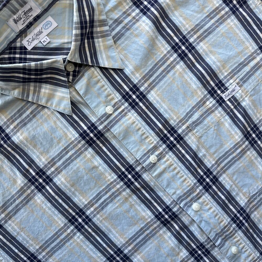 ECKO UNLTD Shirt Mens XLT Blue Plaid Short Sleeve Button Up Casual Streetwear